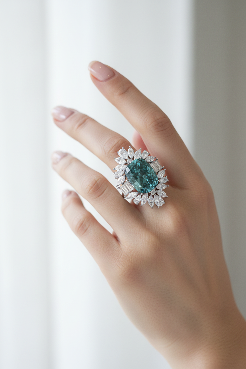 Sterling Silver Blue Green Diamond Ring
