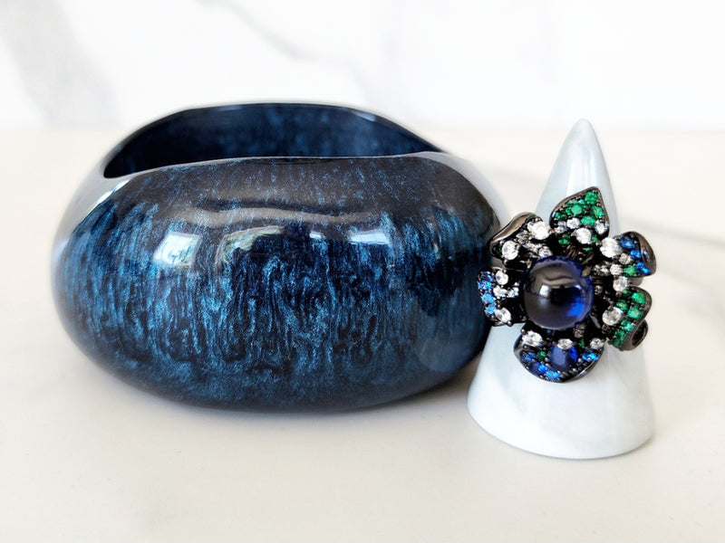 Navy Blue Bangle, Sterling Silver Blue and Green Sapphire Flower Ring