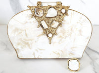 Gold and White Mother of Pearl Clutch, Sterling Sliver Gold Embellished Pearl Ring