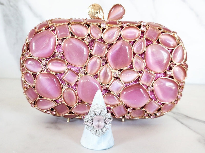 Pink Stone Clutch Purse and Sterling Silver Rose Quartz Ring