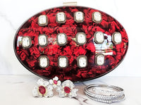 Red Diamond Resin Clutch Purse, 3 Sterling Silver Bracelets and 2 Flower Rings