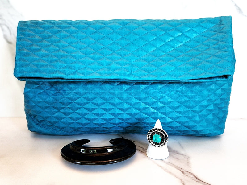 Teal Leather Clutch, Black Cuff and Sterling Silver Paraiba Circle Ring