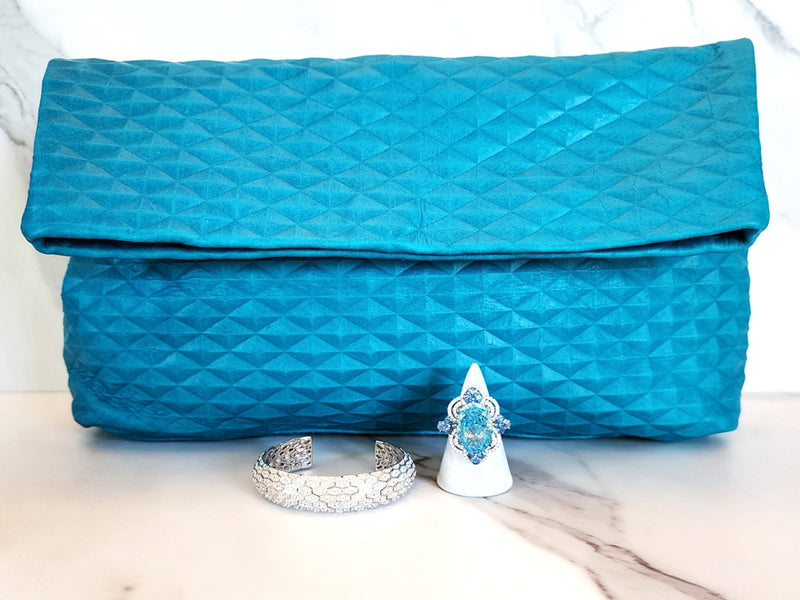 Teal Leather Clutch, Sterling Silver Cuff And Ring