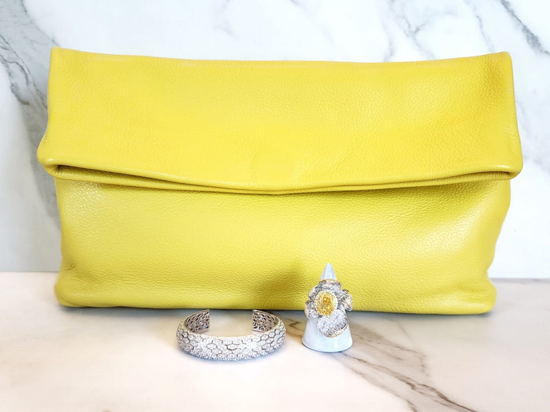 Yellow Leather Clutch, Sterling Silver Cuff and Yellow Flower Ring