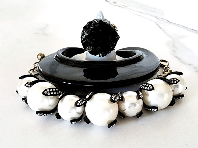 White Embellished Ball Bracelet, Black Resin Cuff and Black Quartz Ring