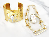 Goldtone Pearl Cuff, Paperclip Necklace and Sterling Silver Gold Lined Baroque Pearl Ring