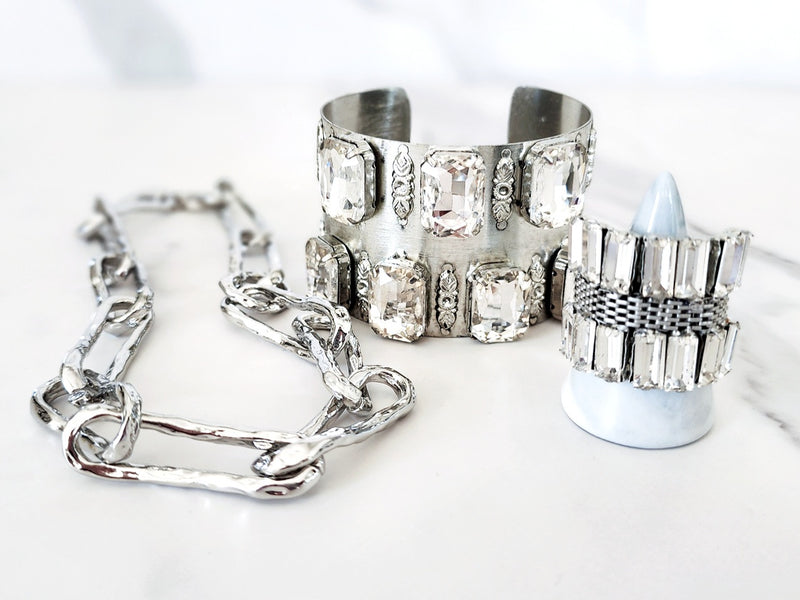 Silver Jeweled Cuff, Ring and Paperclip Necklace