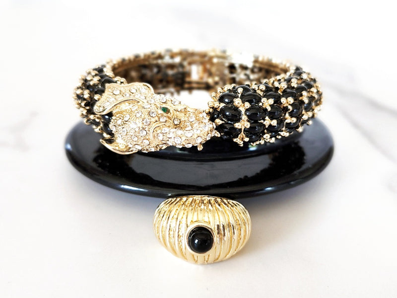 Black and Gold Single Elephant Head Cuff, Black Resin Cuff and Ring