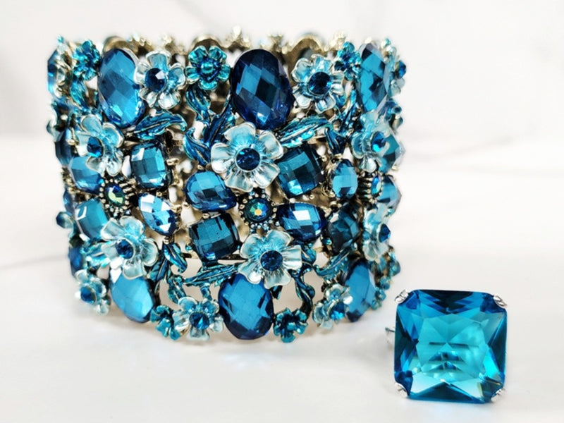 Blue Crystal Cuff and Sterling Silver Ring