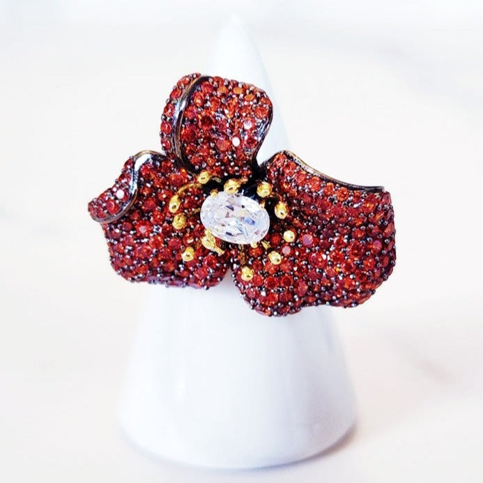 Sterling Silver Red Pave Flower Ring