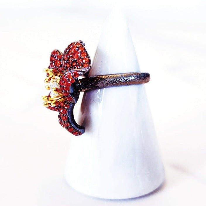 Sterling Silver Red Pave Flower Ring