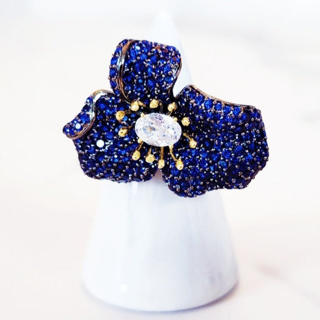 Sterling Silver Blue Pave Flower Ring