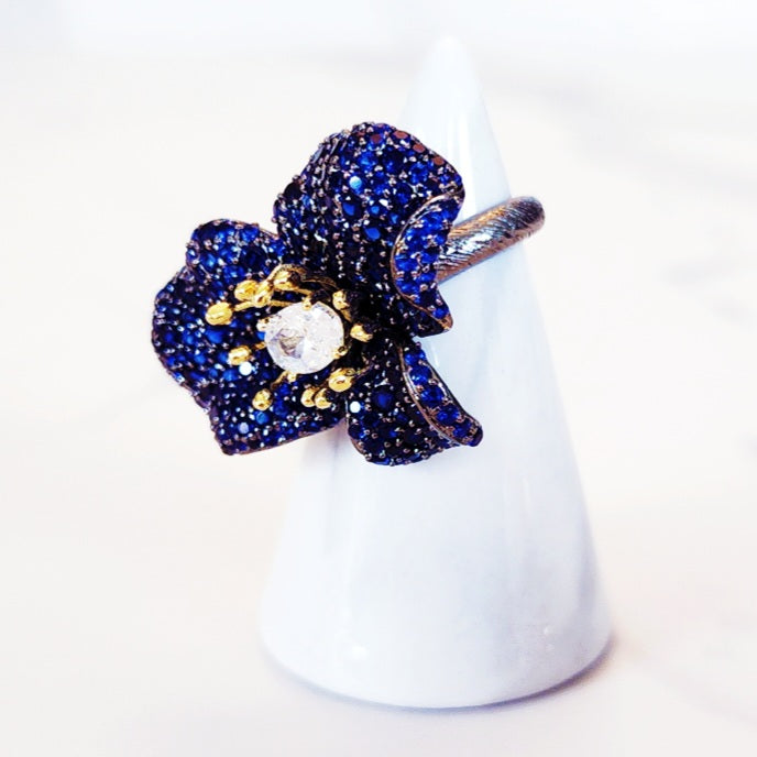 Sterling Silver Blue Pave Flower Ring