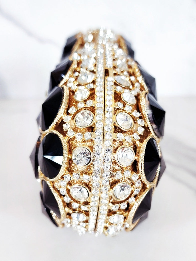 Black and Gold Crystal Clutch and Black Glass Ring