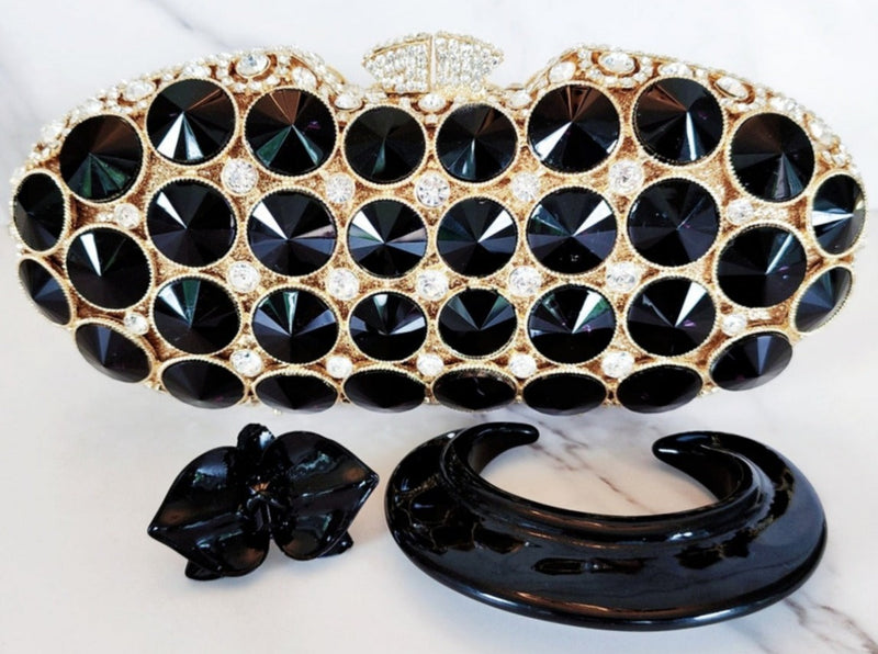 Black and Gold Crystal Clutch, Black Orchid Ring, Black Resin Cuff