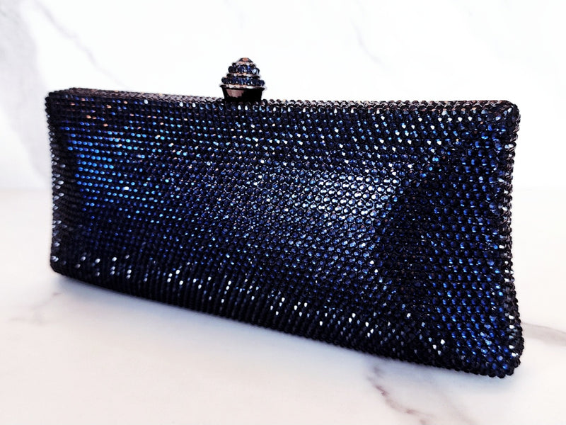 Navy Blue Crystal Clutch Purse, Sterling Silver Sapphire Modern Ring and Art Deco Bracelet