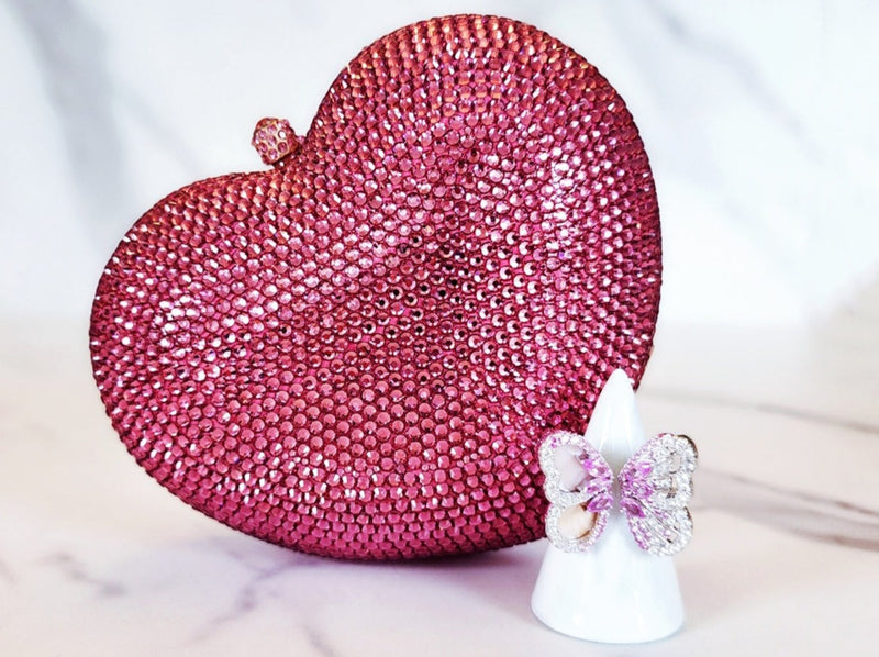 Pink Crystal Heart Clutch and Sterling Silver Butterfly Ring