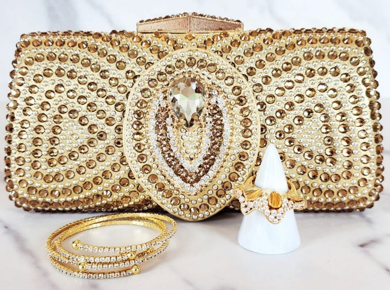 Gold Crystal Clutch, Goldtone Ring, Sterling Silver Gold Plated Bracelets