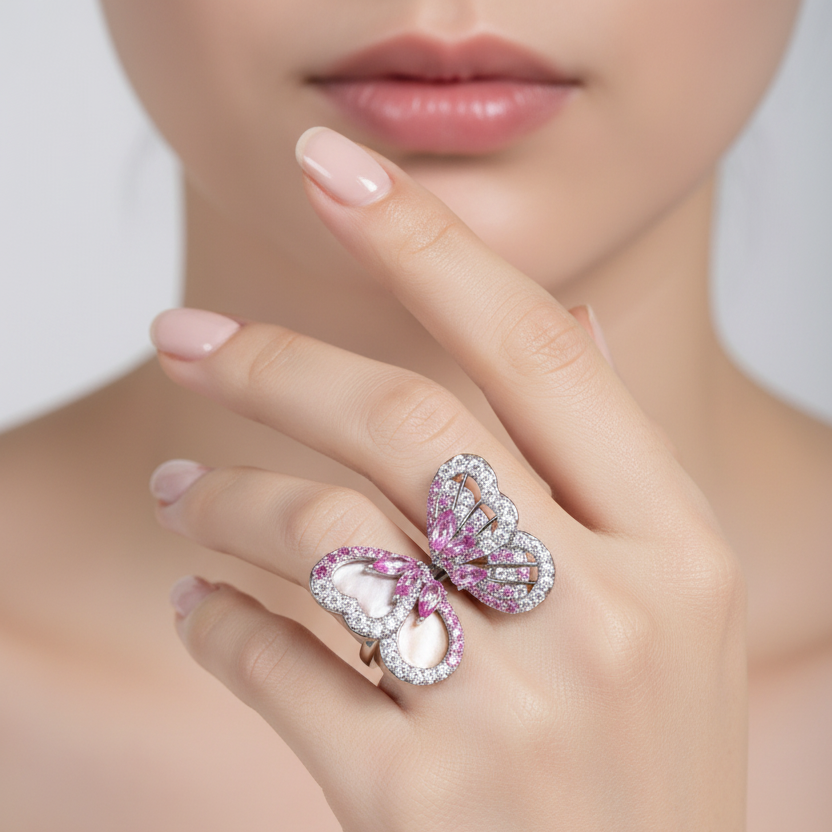Sterling Silver Pink Butterfly Ring