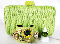 Green Rattan Clutch, Sterling Silver Diamond Ring and Green Flower Cuff