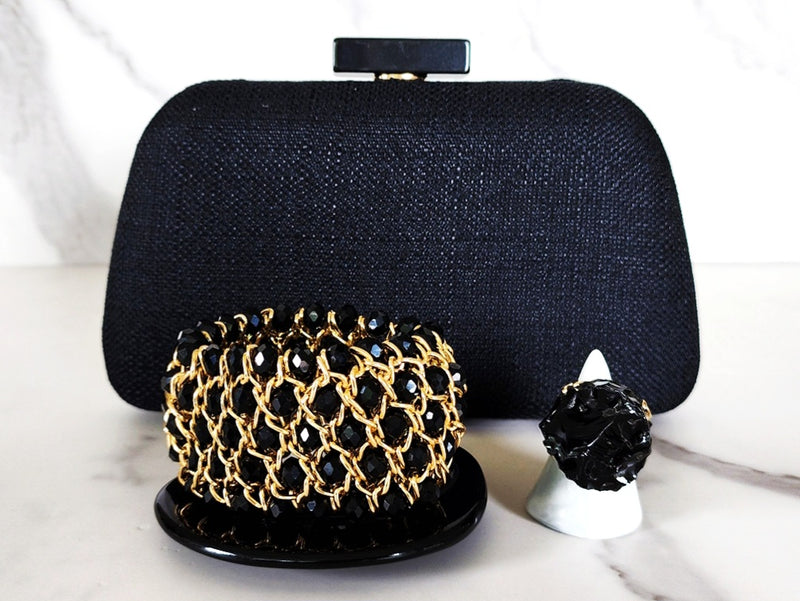 Black Canvas Clutch, Black Cuff, Beaded Black and Gold Cuff and Ring