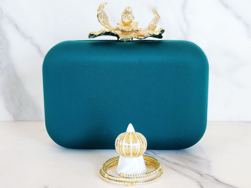 Teal Gold Lotus Clutch, Goldtone Ring and Sterling Silver Gold Plated Bracelets