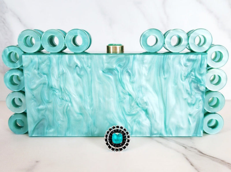 Light Teal Modern Resin Clutch Purse and Sterling Silver Paraiba Circle Ring