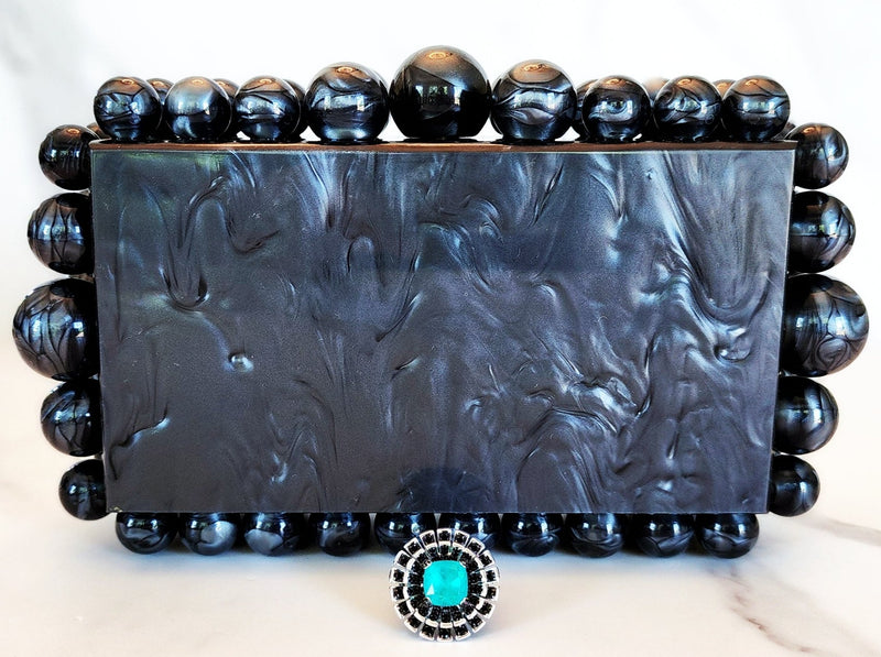 Black Resin Clutch Purse and Sterling Silver Paraiba Circle Ring