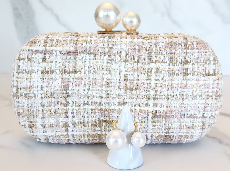 Pearl Clutch and Goldtone Double Pearl Open Ring