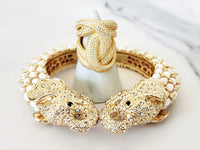 Gold and White Double Elephant Head Cuff and Sterling Silver Gold Plated Pave Diamond Twist Ring