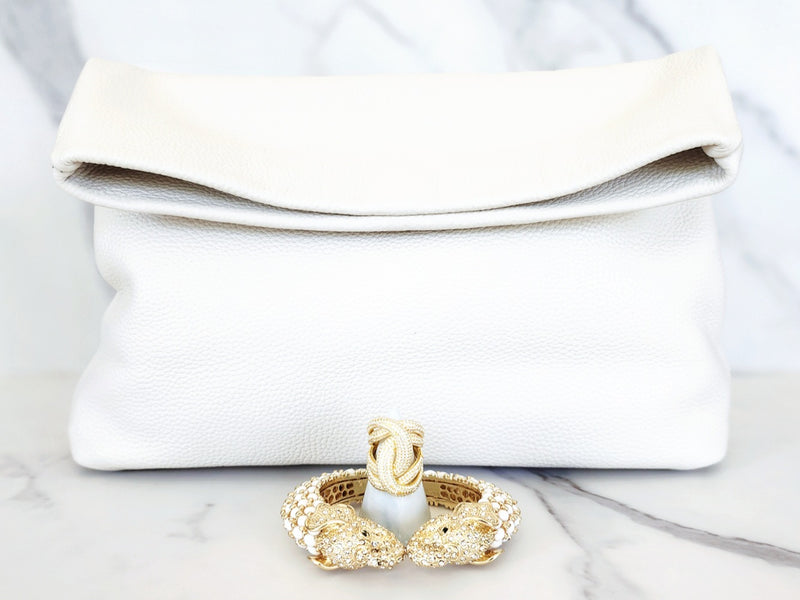 White Leather Clutch, Double Elephant Head Cuff and Sterling Silver Gold Plated Twist Ring