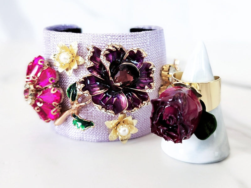 Purple Flower Cuff and Rose Bud Ring