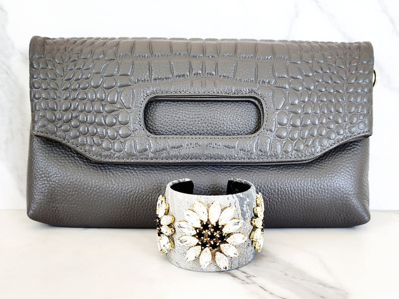 Gray Leather Clutch and Jeweled Cuff Bracelet