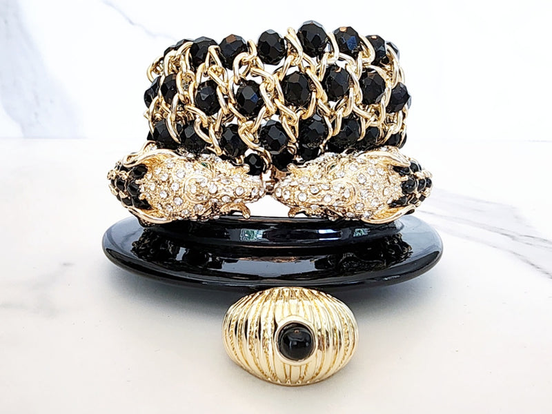 Black and Gold Double Elephant Head Cuff, Beaded Bracelet, Black Resin Cuff and Ring