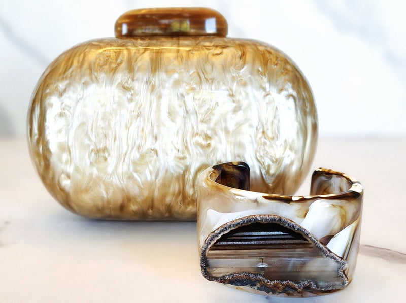 Brown Resin Clutch and Agate Slice Cuff