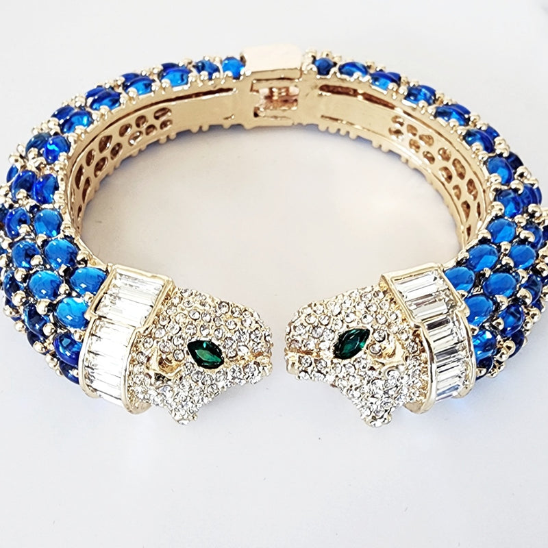 Transparent Blue Double Head  Panther Cuff Bracelet