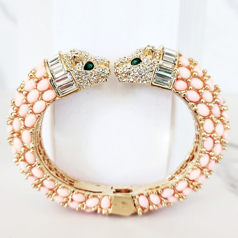 Pink Double Head Panther Cuff Bracelet