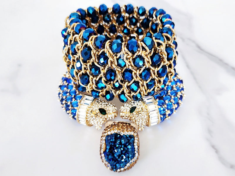 Transparent Blue Double Headed Panther Cuff, Blue Beaded Stretch Cuff and Blue Quartz Ring