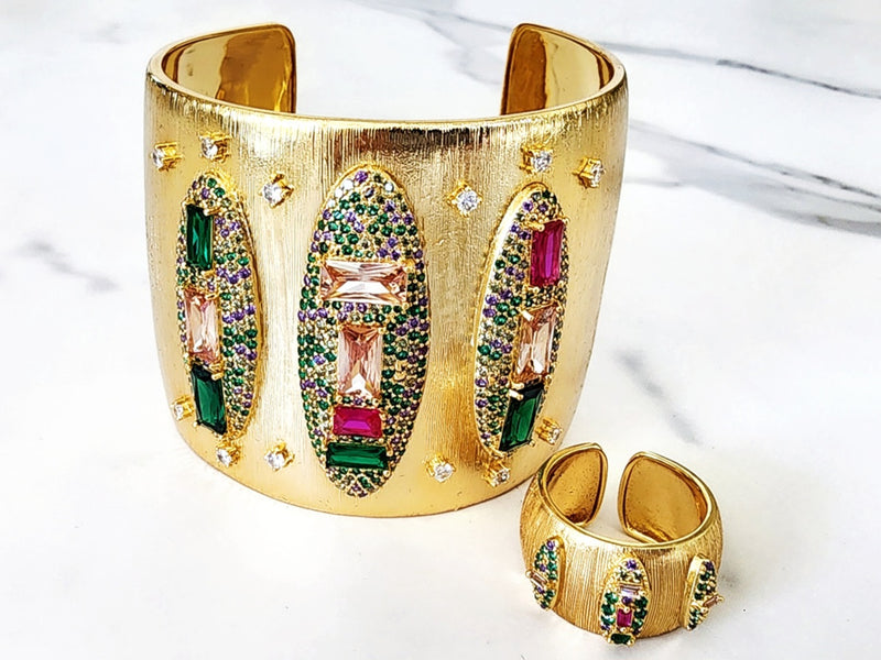 Gold Multicolored Jeweled Cuff and Ring