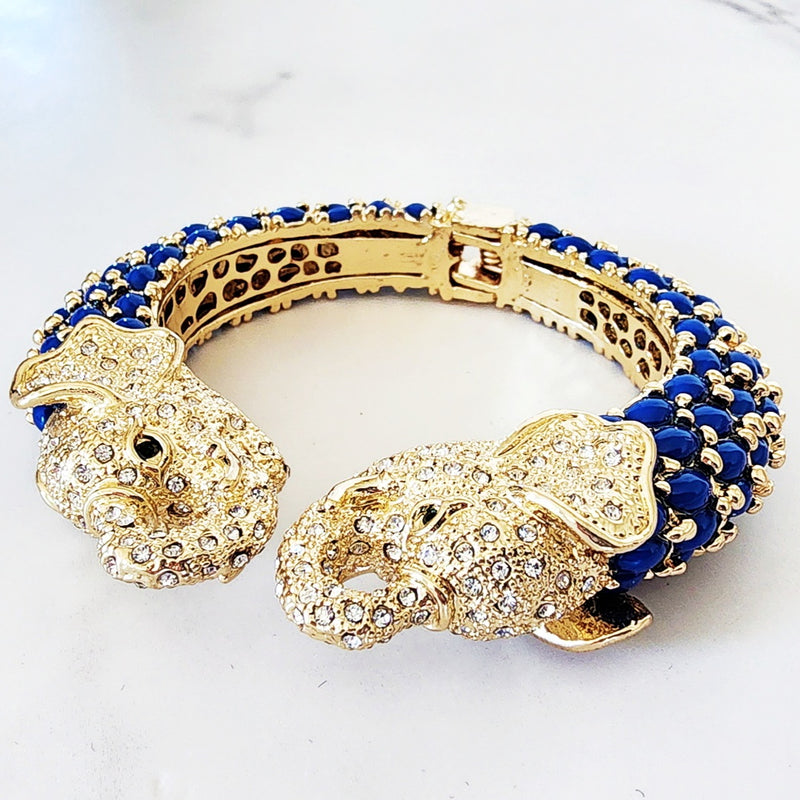 Dark Blue Double Head Elephant Cuff Bracelet