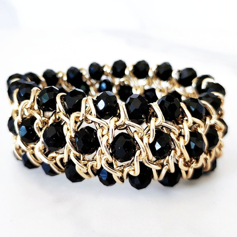 Black and Gold Beaded Stretch Bracelet