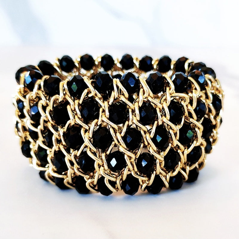 Black and Gold Beaded Stretch Bracelet