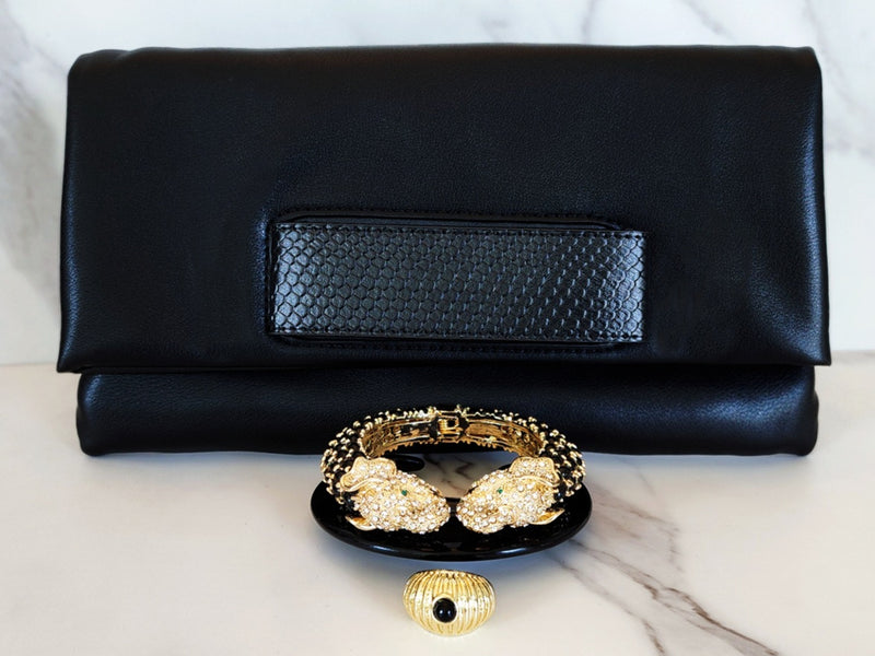 Black Leather Hand Strap Clutch, Black Cuff, Elephant Double Head Cuff and Ring