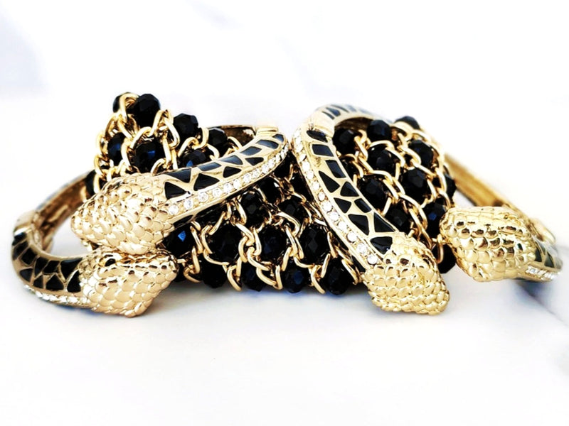 Black and Gold Snake Cuffs and Beaded Stretch Bracelet