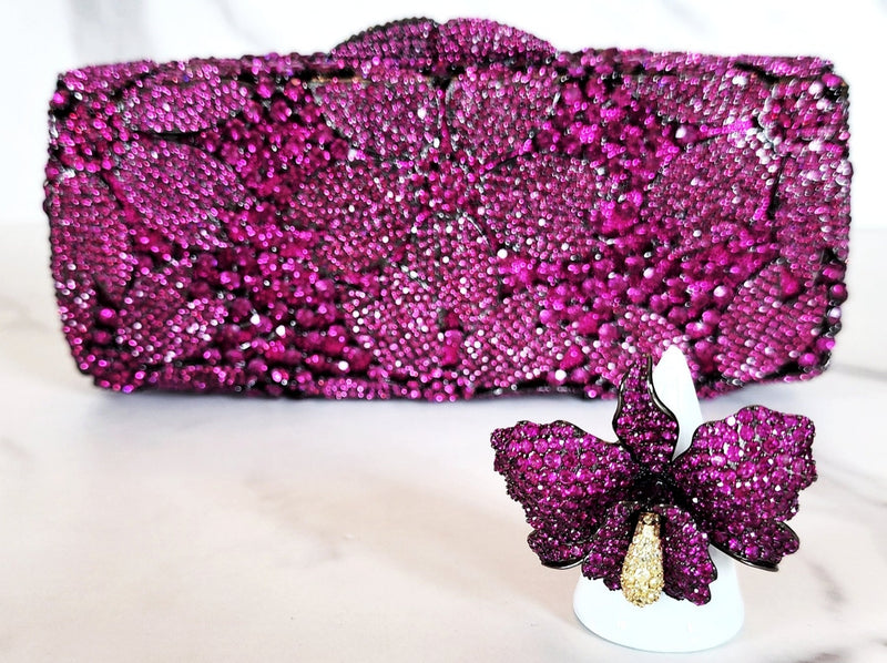 Fuchsia Pink Crystal Clutch Purse and Sterling Silver Pave Orchid Ring