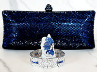 Navy Blue Crystal Clutch Purse, Sterling Silver Butterfly Ring and Art Deco Bracelet