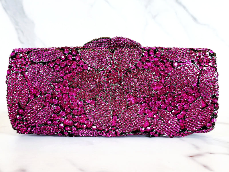 Fuchsia Crystal Clutch and Sterling Silver Pave Double Flower Ring