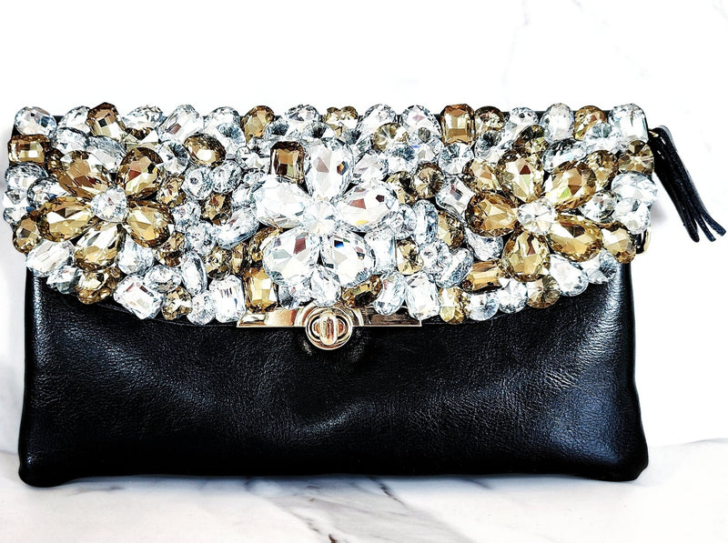 Jeweled Black Leather Clutch