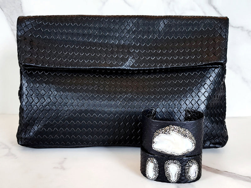 Black Leather Clutch and Black and White Faux Pearl Cuffs