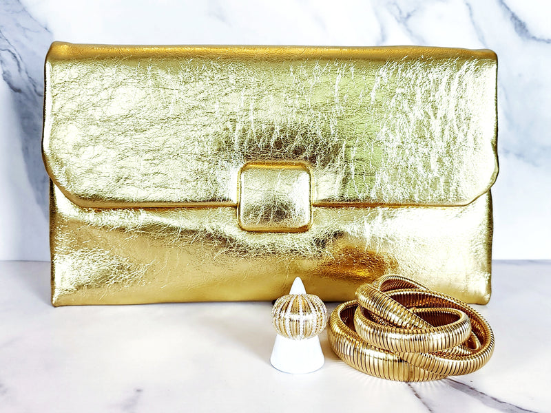 Gold Leather Clutch, Gold Bracelets and Gold Globe Ring